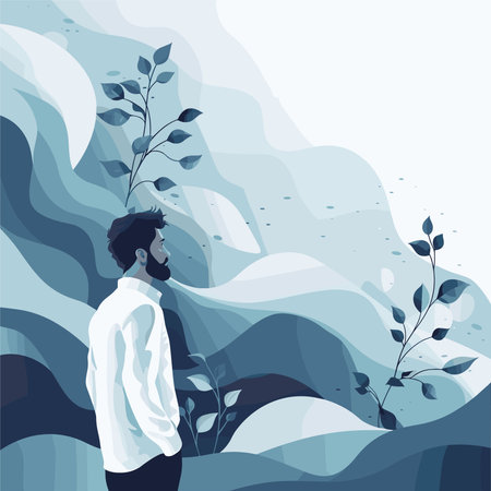 Vector illustration of a young man with a beard on a background of mountains.のイラスト素材