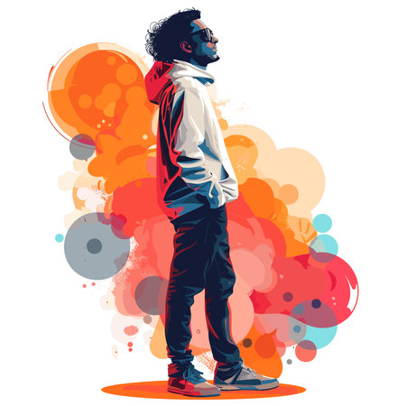 Vector illustration of a man in a hoodie and jeans on a colorful background.のイラスト素材