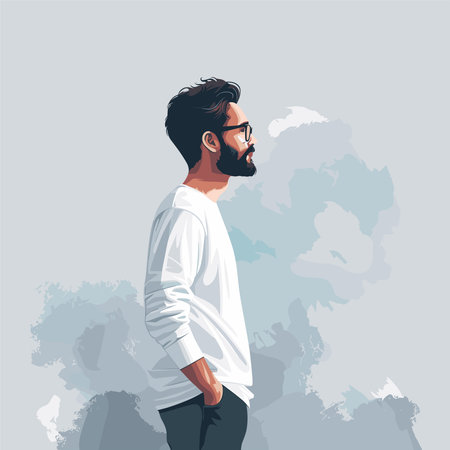 Vector illustration of a bearded man in a white shirt and jeans.のイラスト素材