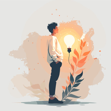 Vector illustration of a young man with a lightbulb and a plant.のイラスト素材