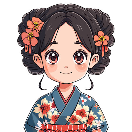 Cute little girl in a kimono. Vector illustration.のイラスト素材