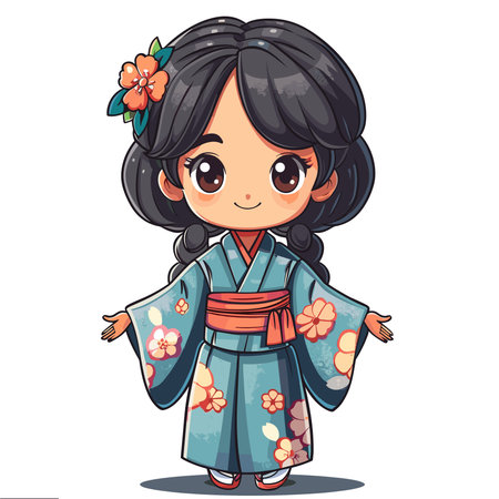 Japanese girl in kimono on white background. Vector illustration.のイラスト素材