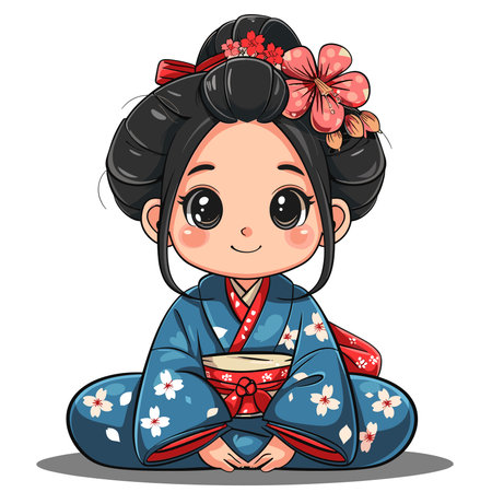 Cute Japanese girl in a kimono with a cup of teaのイラスト素材