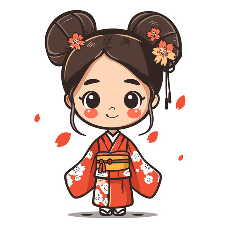 Cute little girl with long black hair. Vector cartoon illustration.のイラスト素材