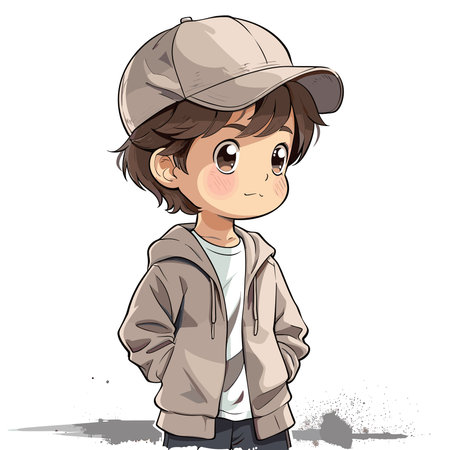 Cute little boy in a cap and coat. Vector illustration.のイラスト素材