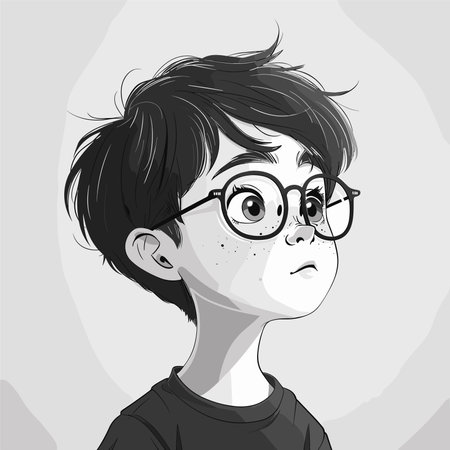 Portrait of a boy with glasses. Black and white vector illustration.のイラスト素材
