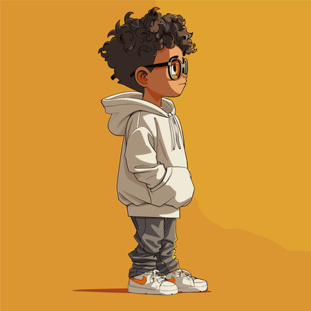 Vector illustration of a boy with curly hair in a hoodie and glassesのイラスト素材
