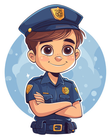 Cute little boy police officer in uniform. Vector cartoon illustration.のイラスト素材