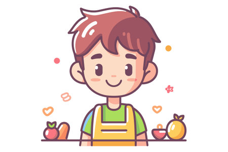 Vector illustration of a boy in apron with fruits and vegetables.のイラスト素材