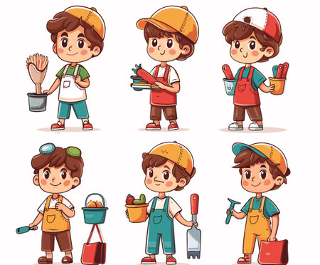 Set of cute little boys in uniform. Vector illustration in cartoon style.のイラスト素材