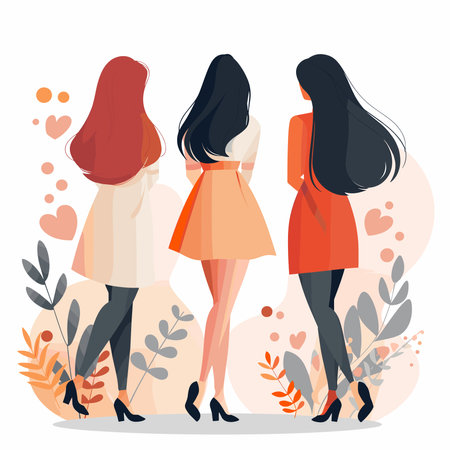 Vector illustration of three girls in different clothes standing in a row.のイラスト素材