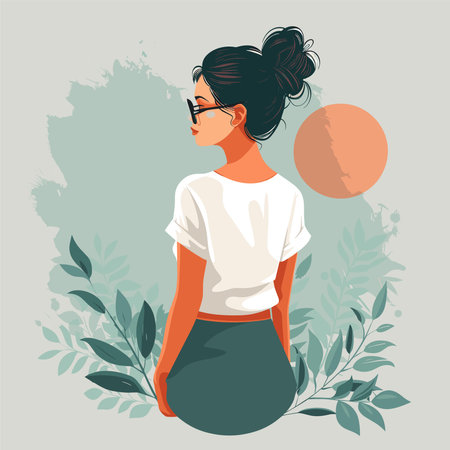 Vector illustration of a girl with glasses and a white T-shirt.のイラスト素材