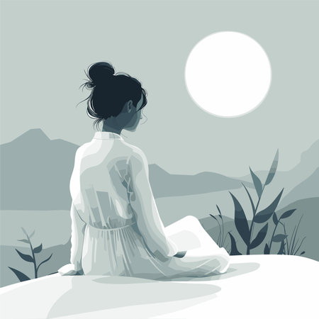 Young woman sitting on the hill in the morning. Vector illustration.のイラスト素材