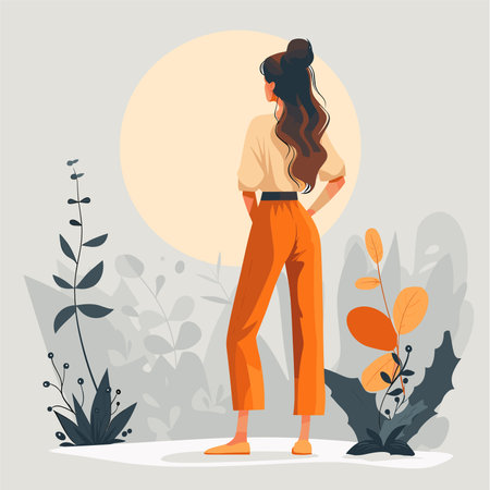 Vector illustration of a beautiful young woman with long curly hair in a trendy orange jumpsuit.のイラスト素材