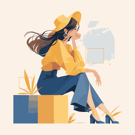 Beautiful young woman in a hat sitting on a box. Vector illustrationのイラスト素材