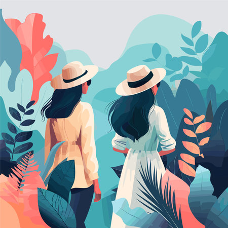 Beautiful young women in hats walking in the jungle. Vector illustrationのイラスト素材