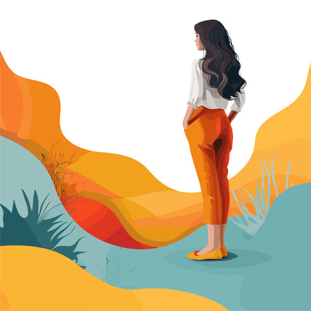Vector illustration of a beautiful woman in orange trousers on the beach.のイラスト素材