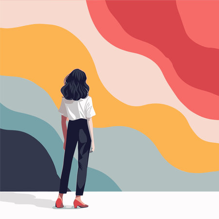 Young woman standing in front of abstract background. Vector illustration in flat style.のイラスト素材