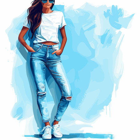 Beautiful young woman in jeans and t-shirt, vector illustrationのイラスト素材