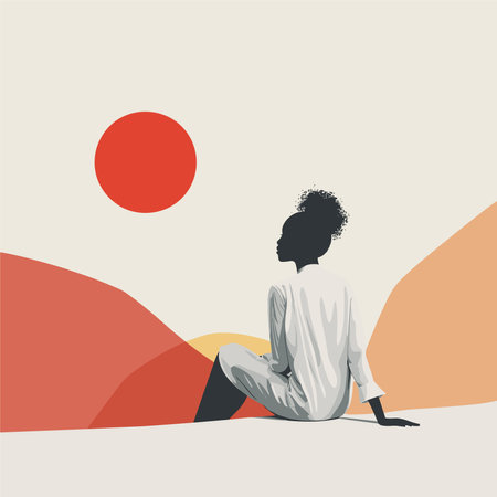 Vector illustration of a young man meditating in the desert at sunsetのイラスト素材