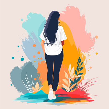 Vector illustration of a girl in a white T-shirt on a background of watercolor spots.のイラスト素材