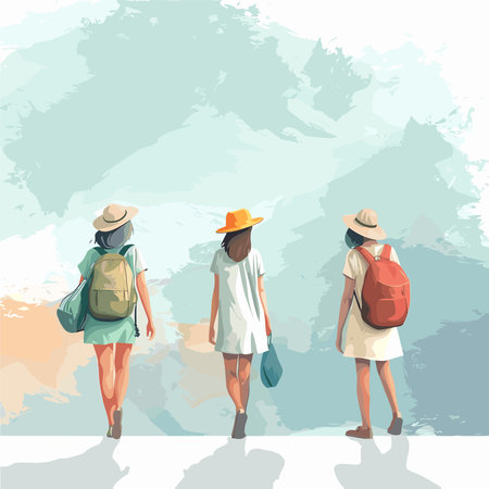 Vector illustration of tourists with backpacks on the background of the world mapのイラスト素材