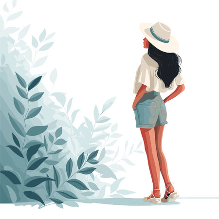 Vector illustration of a beautiful young woman in a hat and shorts on a background of nature.のイラスト素材