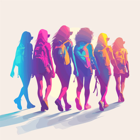 Group of people walking in the city. Colorful vector illustration.のイラスト素材