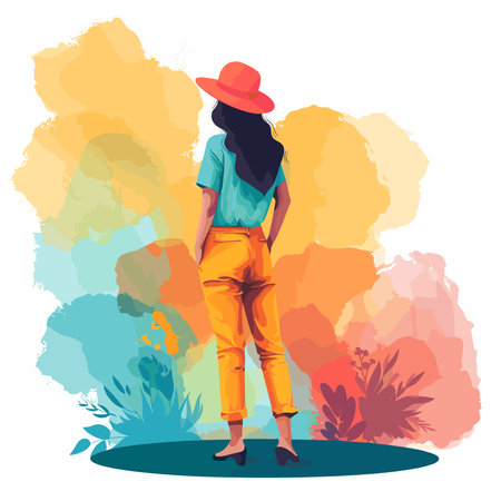 Vector illustration of a girl in a hat on a background of nature.のイラスト素材