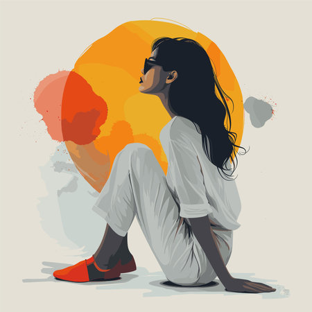 Vector illustration of a sad girl sitting on the ground in front of an orange backgroundのイラスト素材