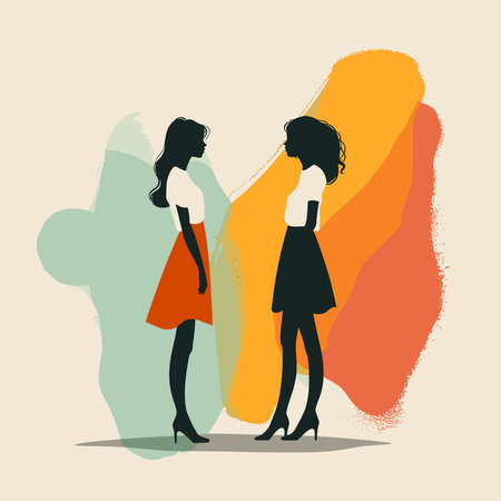 Vector illustration of two young women silhouettes on colorful background. Hand drawn styleのイラスト素材