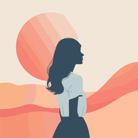 Vector illustration of a woman silhouette on a background of colorful waves.のイラスト素材