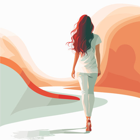 Beautiful young woman walking on the road. Vector illustration in flat styleのイラスト素材