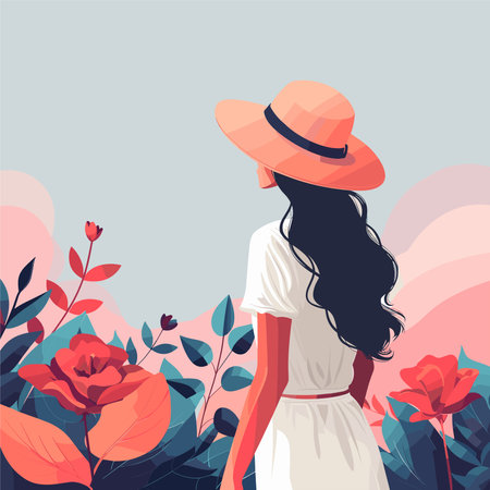 Beautiful girl in a hat on a background of flowers. Vector illustrationのイラスト素材