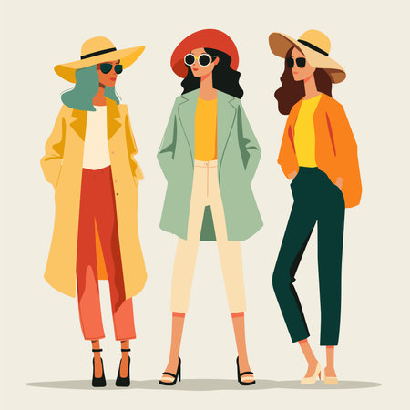 Fashionable women wearing fashionable clothes and hats. Vector illustration.のイラスト素材