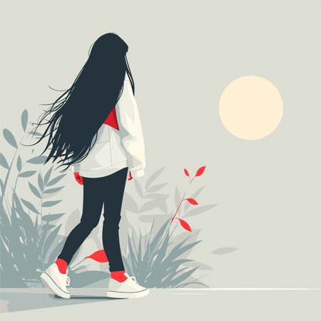 Vector illustration of a girl with long hair walking in the park.のイラスト素材