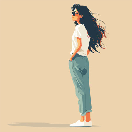 Vector illustration of a girl with long hair in a white T-shirt and jeansのイラスト素材