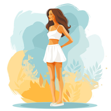 Beautiful young woman in white short dress standing on the background of nature. Vector illustrationのイラスト素材