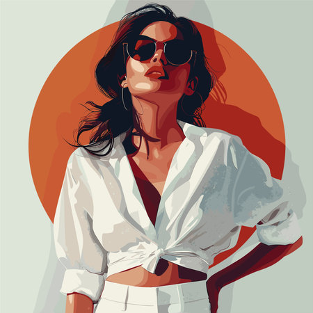 Vector illustration of a young woman in a white suit on the background of plants.のイラスト素材