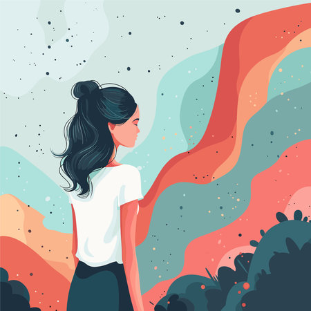 Vector illustration of a young woman in a white T-shirt on a background of mountains.のイラスト素材