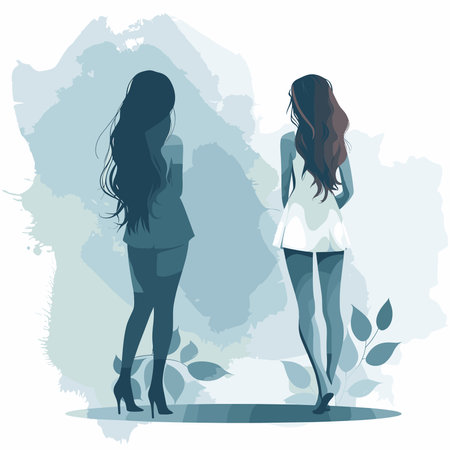 Vector fashion illustration of two beautiful women silhouettes on a grunge backgroundのイラスト素材