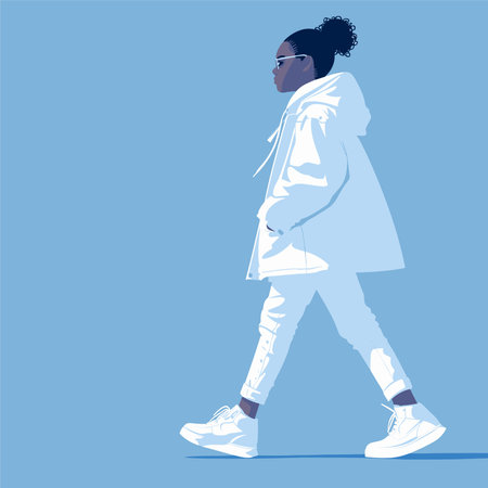 Young african american woman in white coat and sneakers. Vector illustrationのイラスト素材