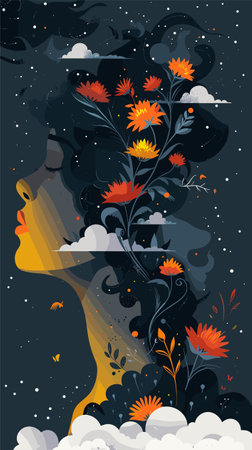 Girl with flowers in her hair on the background of the night skyのイラスト素材