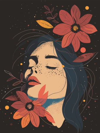 Beautiful woman face with flowers. Hand drawn vector illustration on dark background.のイラスト素材