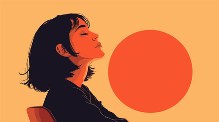 Illustration of a young woman with a big sun in the backgroundのイラスト素材