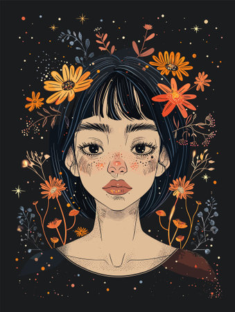 Beautiful girl face with flowers. Vector illustration on black background.のイラスト素材