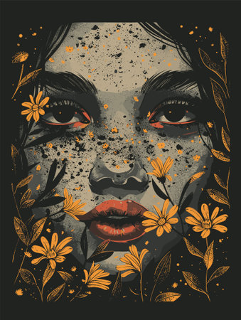 Beautiful woman face with flowers. Hand drawn vector illustration in vintage style.のイラスト素材