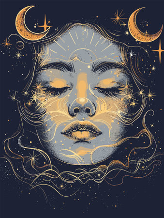 Mystical woman face with golden pattern on dark background. Vector illustrationのイラスト素材