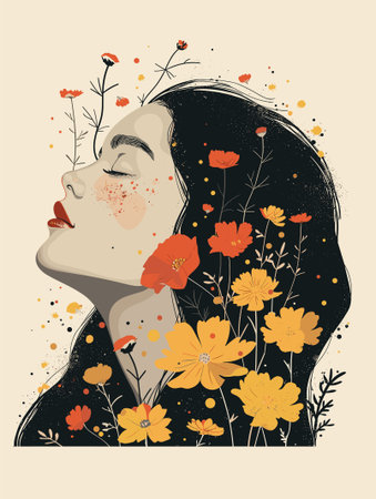 Vector illustration of a beautiful woman with flowers in her hair. Retro style.のイラスト素材