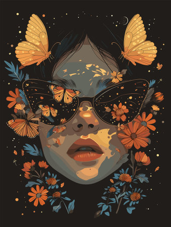 Vector illustration of a woman face with flowers and butterflies on dark backgroundのイラスト素材